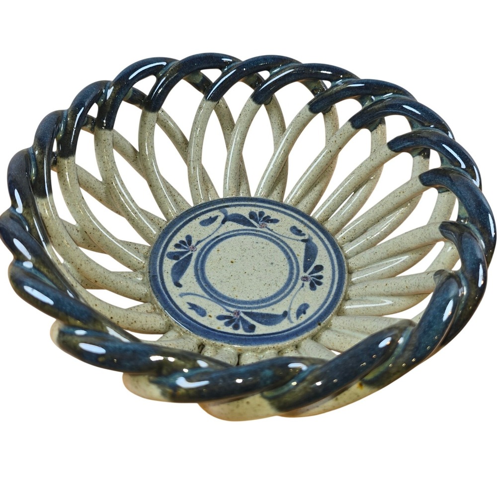 Lattice Open Weave Ceramic Bread Fruit Basket Bowl Cobalt Blue 9" Round Vintage